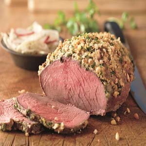 Nut-Crusted Sirloin Roast with Fennel-Radish Salad